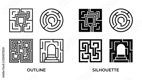 Obraz na płótnie Maze Icons: A collection of maze graphics in both outline and silhouette styles, showcasing intricate pathways and potential solutions, representing challenge and decision-making