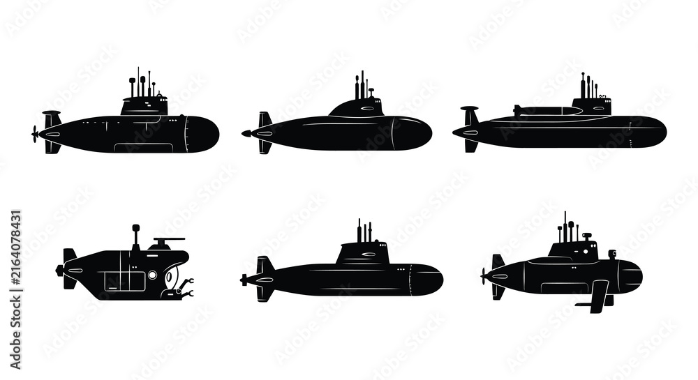 Fototapeta premium Black submarine silhouettes arranged on a white background vector illustration