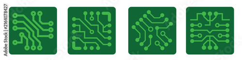 Green circuit board icon, pcb trace pattern square badge set
