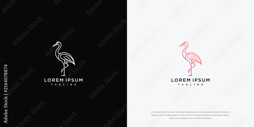 Naklejka premium Minimalist Line Art Crane Logo on Black and White Backgrounds