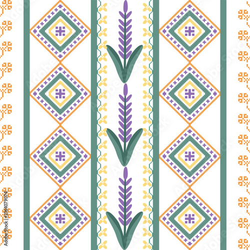  Seamless Lavender Floral Stripe Pattern with Geometric Diamond Folk Ornament, Vintage Botanical Background