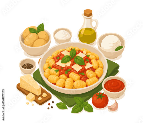 Italian gnocchi with tomato sauce, basil, parmesan, and olive oil serv