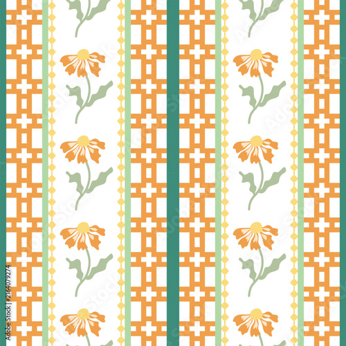 Seamless Orange Floral Stripe Pattern with Green Botanical Elements, Retro Vintage Decorative Background