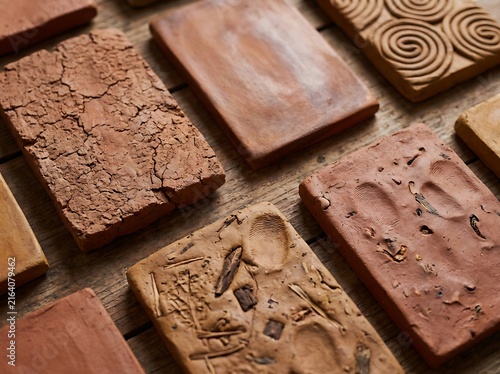 Collection of terracotta clay samples featuring diverse textures including cracked earth and spiral patterns on wooden surface