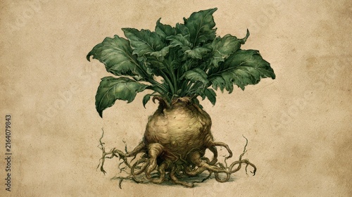 Detailed botanical illustration of a sugar beet root with lush green leaves