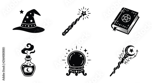 Foto Collection of black silhouette magic items and symbols on a white background