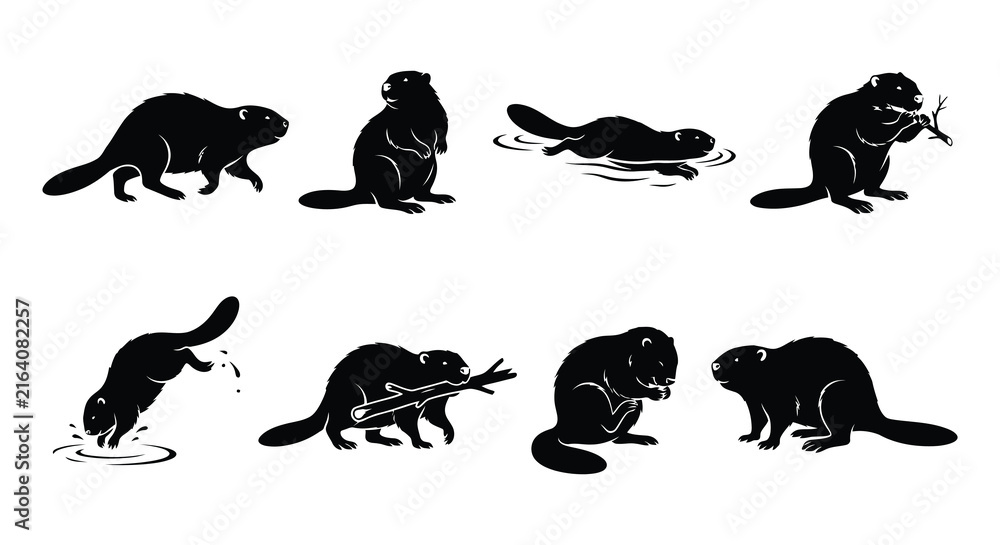 Naklejka premium Beaver silhouettes depict various poses and activities in a vector illustration