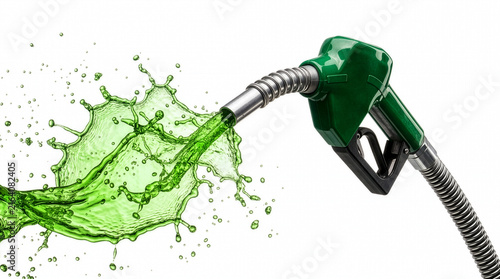 Green Fuel Nozzle Splashing Liquid Isolated on White Background