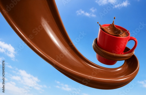 Creative red coffee cup surrounded by flowing chocolate splash against a bright blue sky. Surreal beverage concept ideal for coffee, chocolate, dessert and advertising backgrounds.