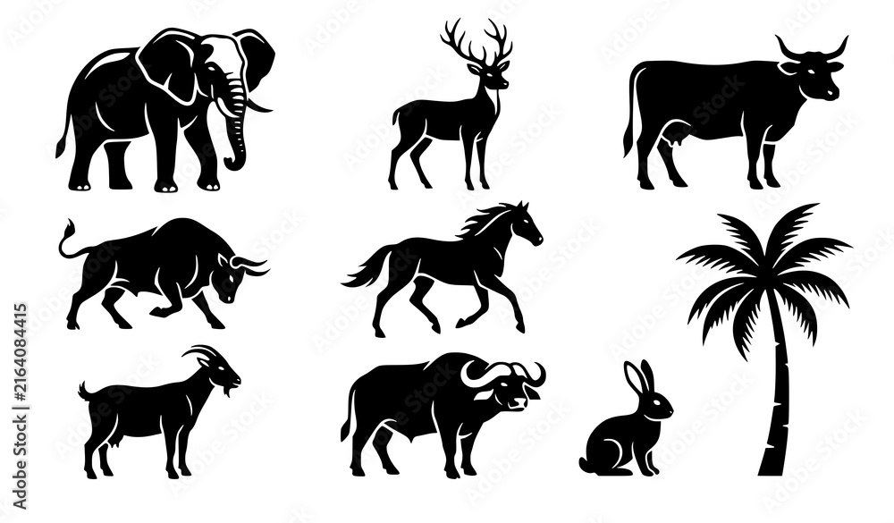 Fototapeta premium Wildlife Animal and Palm Tree Black Silhouette Vector Collection Deer Elephant Cow