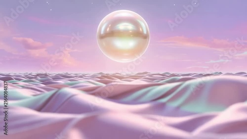 Soft, flowing fabric waves with a luminous pearl orb suspended above, creating a serene and dreamlike landscape under a pastel sky
