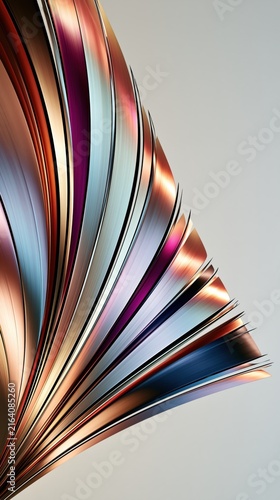 Abstract metallic shard fan background with iridescent copper magenta blue geometric ribbon backdrop vertical banner layout copy space