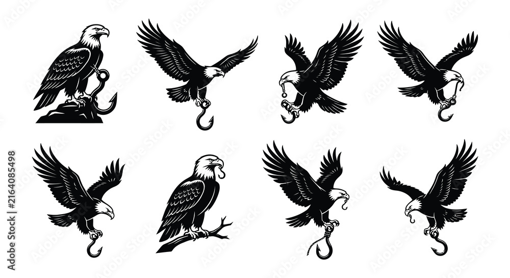 Obraz premium Black and white vector illustrations of eagles with fish and branches