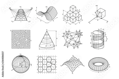 Geometry, spatial figures, 3d shapes, architectural schematics, technical drawings