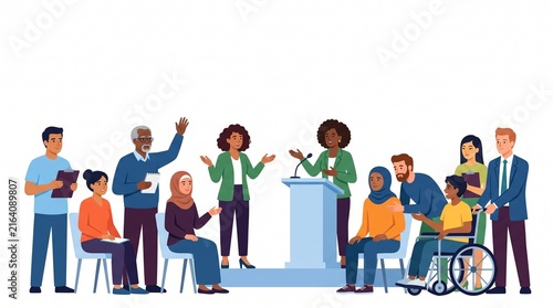 Diverse group of people discussing community issues at a public town hall meeting