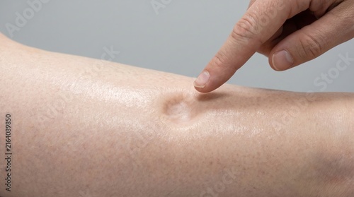 Doctor finger testing pitting edema leaving depression on swollen human leg