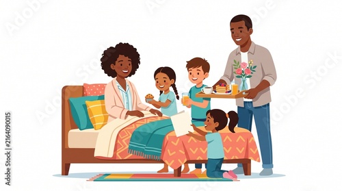 Happy family bringing breakfast in bed to mother on a weekend morning at home.
