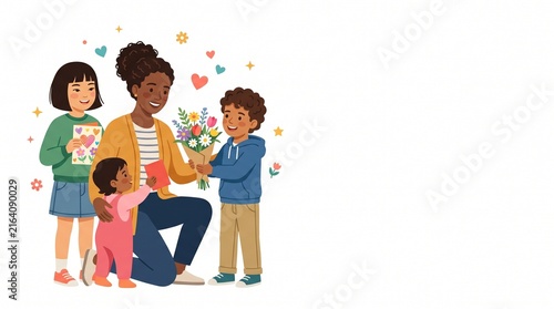Diverse children giving flowers and handmade cards to their mother on a special occasion