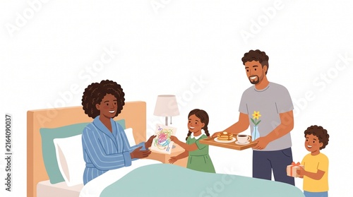 Happy Black family surprising mother with breakfast in bed on a special morning celebration.