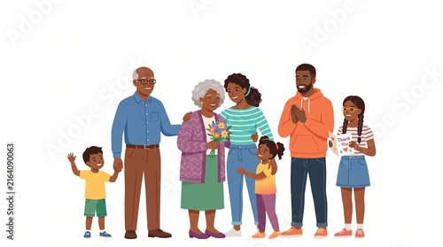 Multi-generational Black family celebrating together with flowers on white background