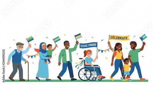 Diverse group of people celebrating community event with flags and banners
