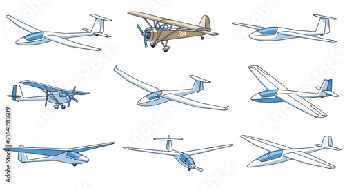 Фотография A grid of nine illustrated aircraft including various gliders and two propellerd