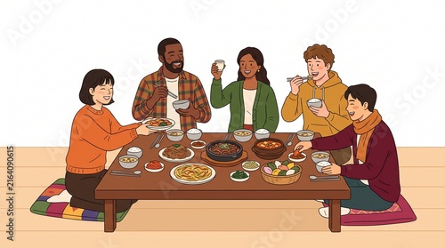 Diverse friends eating dinner together at a low table in a cozy autumn home setting.