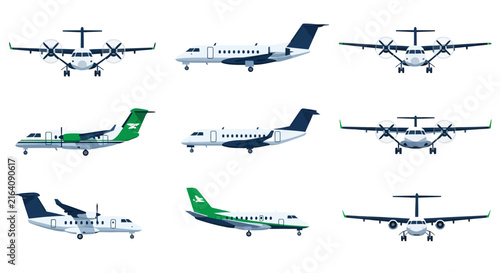 Bild auf Leinwand A grid of nine illustrations showing various regional propeller aircraft in side