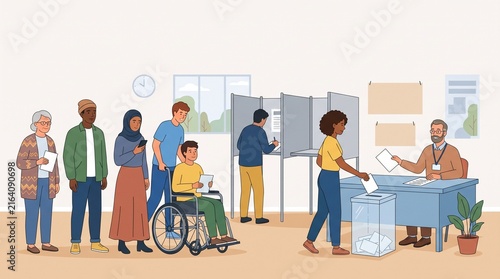 Diverse group of citizens waiting in line to vote at a polling station during an election.