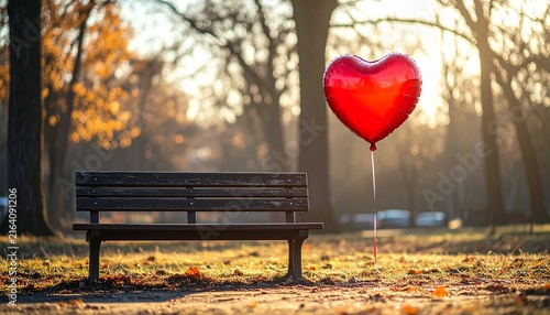 Red heart balloon beside an empty park bench in warm autumn sunlight,