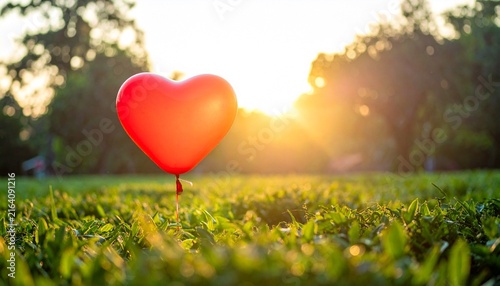 Red heart balloon glowing in a sunny park at sunset, romantic