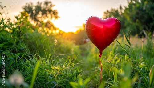 Red heart balloon in a sunlit meadow at sunset, symbolizing love and