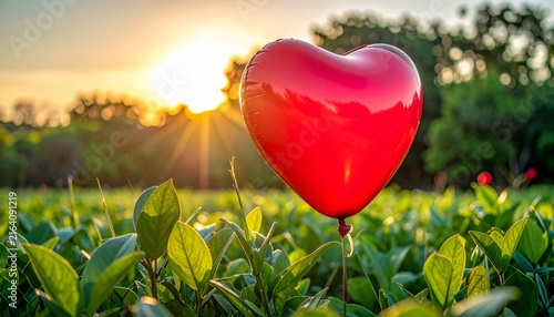 Red heart balloon glowing at sunset above green leaves, a romantic