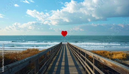 Red heart balloon on a wooden boardwalk overlooking the ocean, a