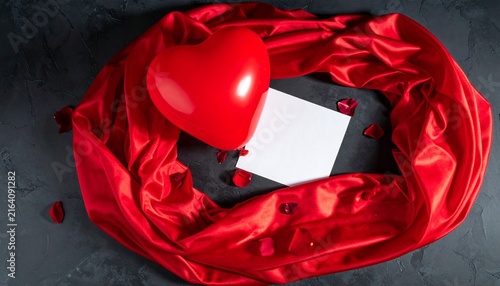 Red heart balloon, blank greeting card and rose petals framed by red