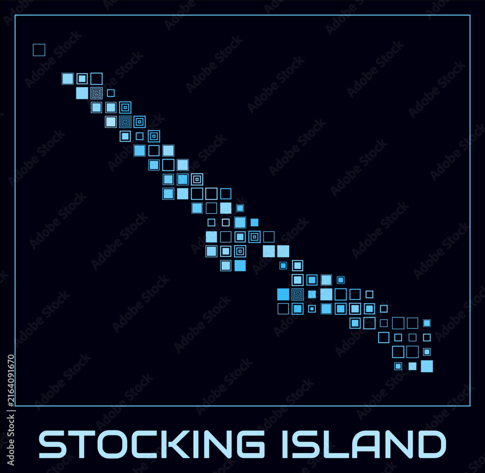 Obraz premium Stocking Island digital style map. Large square dots on dark background. Dotted shape of the island. Vector map and title. Vibrant vector illustration.