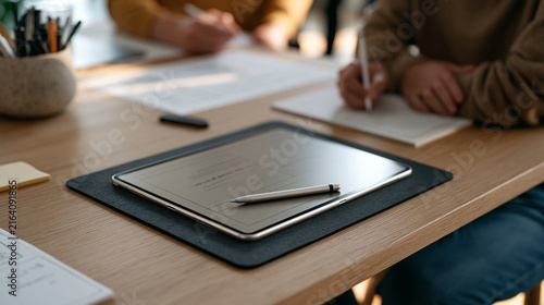 A single usability testing mouse pad and stylus resting in a vibrant colorful innovation market booth, bold close up detail of a touchscreen prototype at rest, ergonomic design