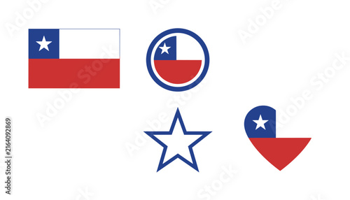 Set of diverse Chilean flag designs including a rectangle, a circle, a star, and a heart shape for national identity and cultural use.