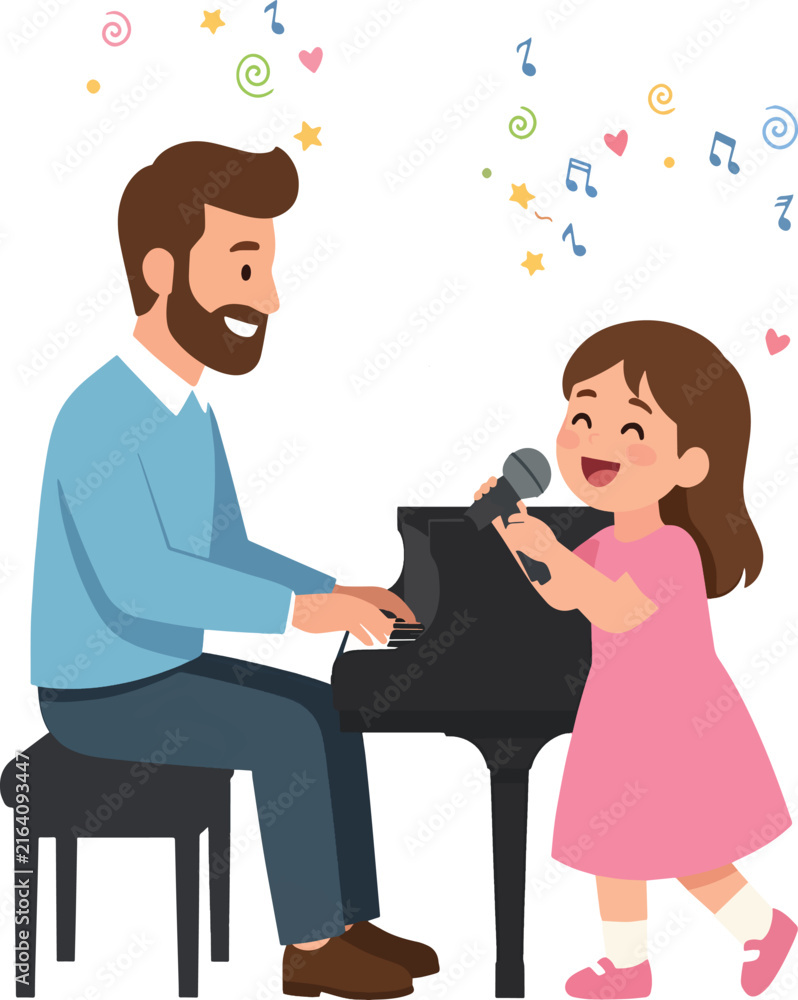 Fototapeta premium Father playing piano while his little daughter sings with microphone vector illustration