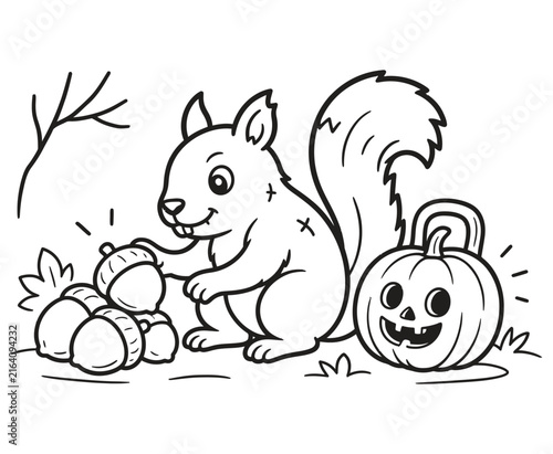 Cute squirrel with acorns and jackolantern coloring page.