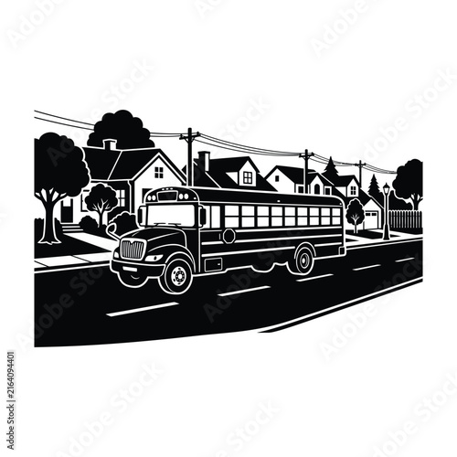 School Bus Driving Through Residential Neighborhood