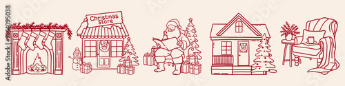 Cozy Christmas doodle clipart set with santa, fireplace, Christmas shop, holiday house, snowman, Christmas tree, gifts and stockings. Hand drawn winter Holiday vector illustration