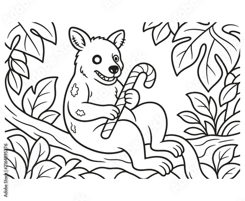 Cute opossum coloring page for kids with candy cane in jungle.