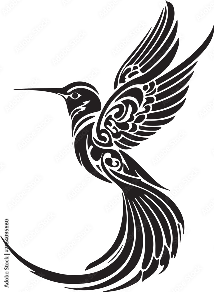Obraz premium Stylized black‑and‑white tribal illustration of a hummingbird in flight — symbolizing energy, freedom, and grace through intricate ornamental patterns and flowing symmetry