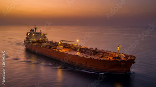 Oil Tanker Ship Sailing on Calm Sea at Sunset Aerial View