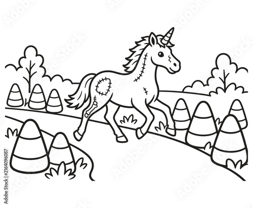 Stitched Frankenstein unicorn Halloween coloring page for kids.