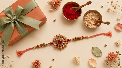 Handcrafted rakhi thread with wrapped gift box kumkum haldi bowls and dry flowers arranged neatly on beige surface for raksha bandhan greeting card