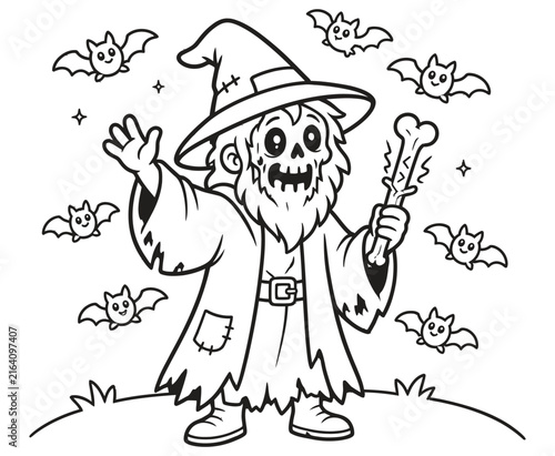 Cute cartoon necromancer wizard coloring page for kids.