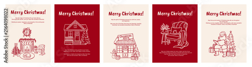 Vintage Christmas greeting cards with merry Christmas wishes, santa claus, Christmas house, fireplace, Christmas store. Hand drawn whimsical line art. Retro winter festive vector illustration