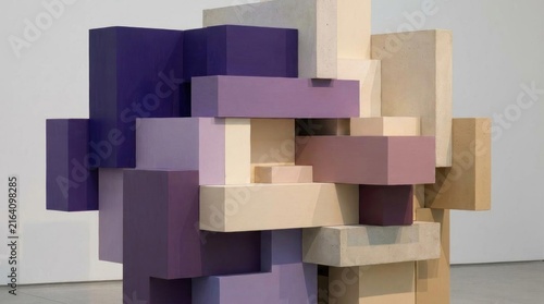 Abstract 3D geometric composition of purple and beige blocks.